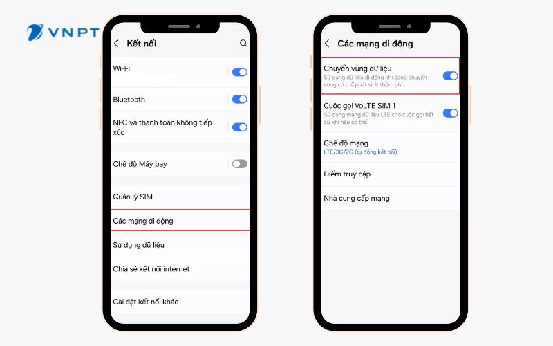 Bật Dữ liệu di động rồi chọn Chuyển vùng dữ liệu