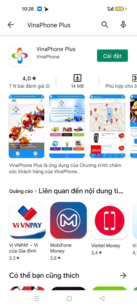 Bạn tìm kiếm và click Cài đặt để tải app VinaPhone Plus