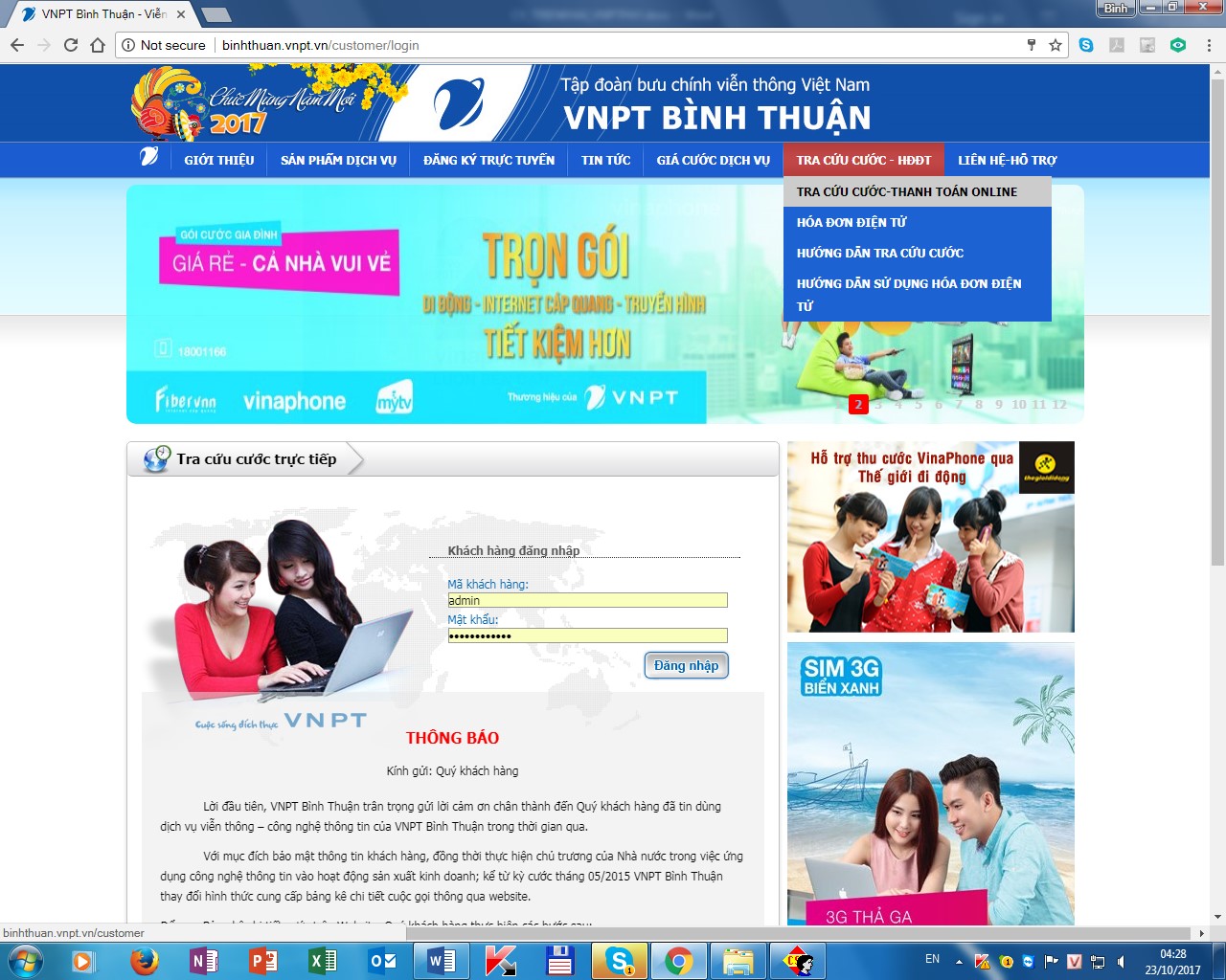 Khách hàng tra cứu và thanh toán cước qua web portal VNPT-Bình Thuận