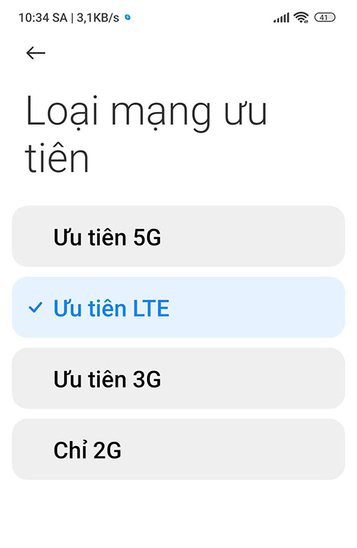 chọn ưu tiên LTE trên điện thoại