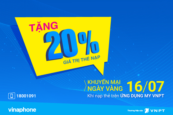 🔥🔥🔥 VinaPhone tặng 20% giá trị nạp cho TB trả trước nạp thẻ qua app My VNPT