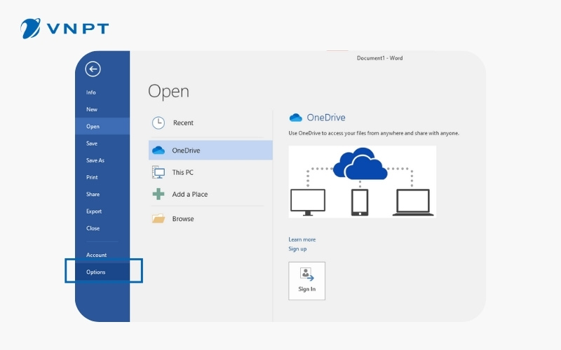 Chọn mục Options trong File