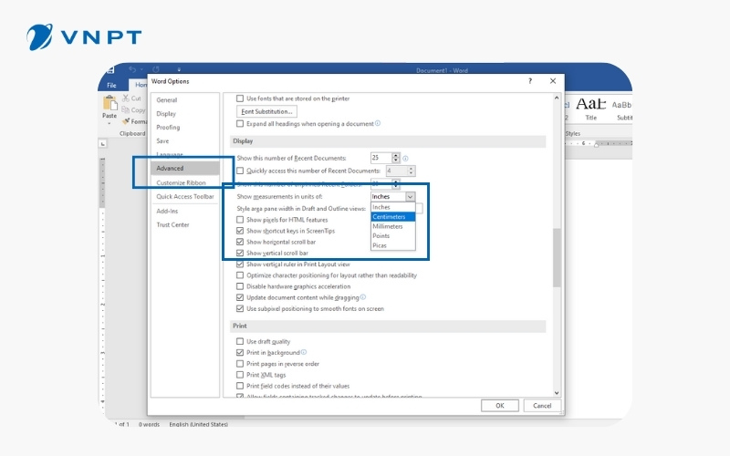 Chuyển đổi đơn vị đo lường trong hộp thoại Word Options