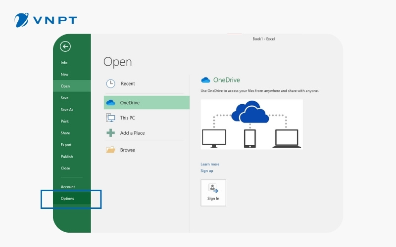 Mở hộp thoại Options trong Excel