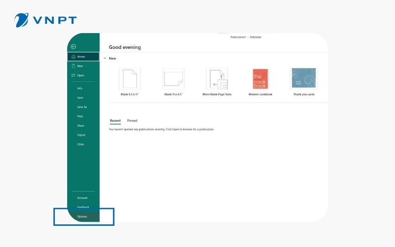 Mở hộp thoại Options trong Publisher