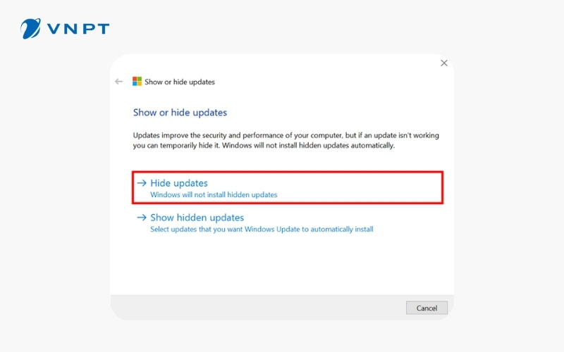 Chọn tính năng Hide Updates