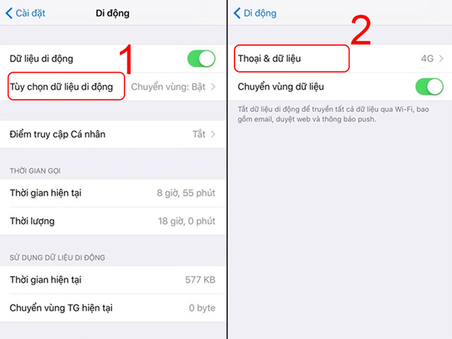 Chọn cài đặt Thoại & dữ liệu