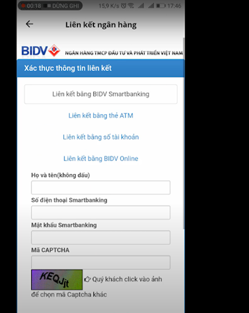 Cách liên kết ví VNPT Pay với BIDV trên điện thoại di động bước 4.1