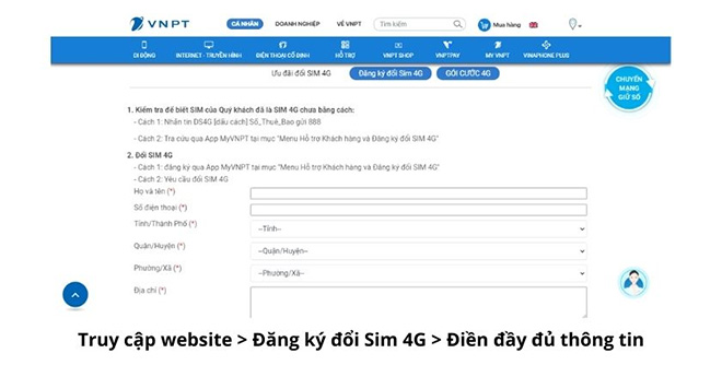 Đăng ký đổi SIM 4G trên website