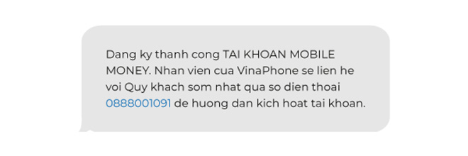 Tin nhắn thông báo đăng ký tài khoản Mobile Money thành công từ VNPT