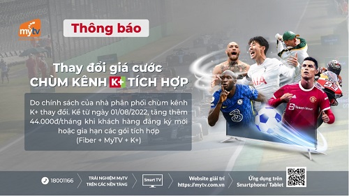 Truyền hình MyTV - Thông báo thay đổi giá cước chùm kênh K+ tích hợp 