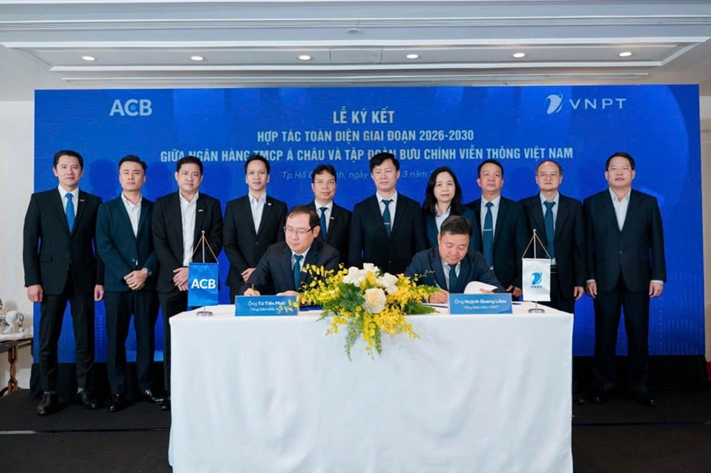 Lãnh đạo ACB và VNPT thực hiện nghi thức ký kết thỏa thuận hợp tác toàn diện giai đoạn 2026–2030