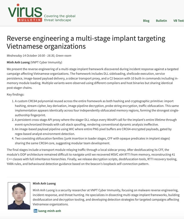 Nghiên cứu của VNPT Cyber Immunity được giới thiệu trong chương trình Virus Bulletin Conference 2026.